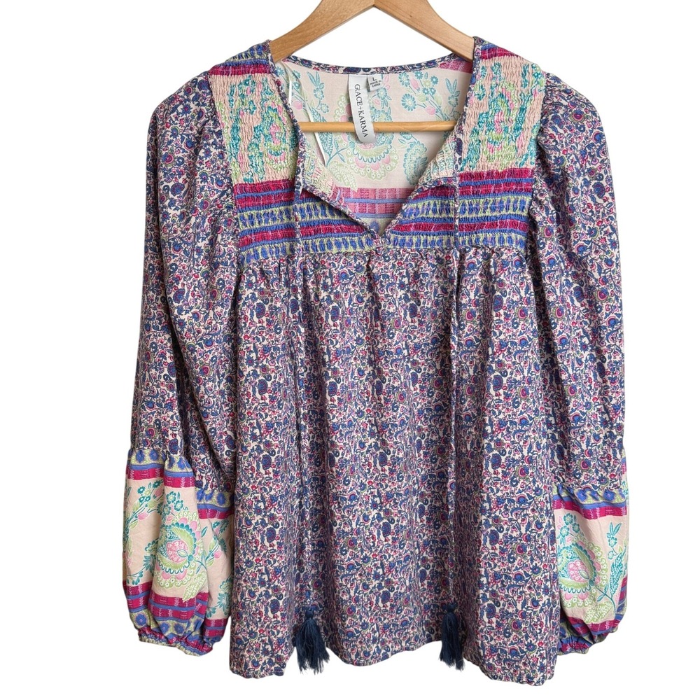 Grace+Karma Floral Boho Top Tassel‎ Peasant L Romantic Cottagecore Festival Soft